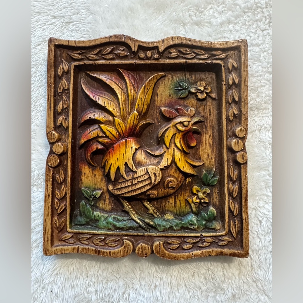 Vintage Faux Wood Paper Mache Rooster Wall Plaque